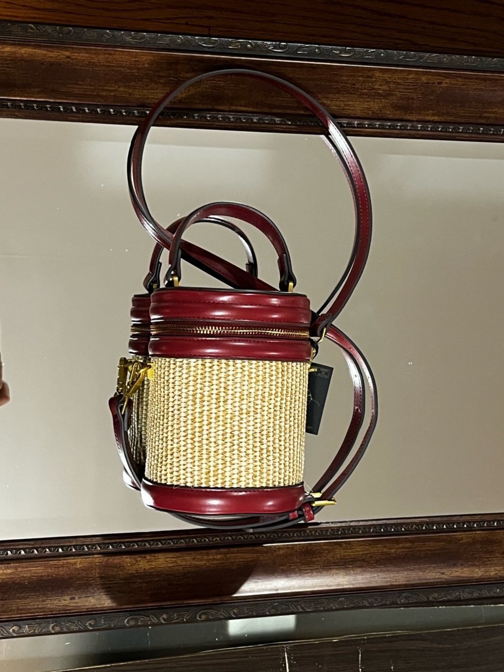 House of Harlow 1960 Woven Cylinder Crossbody Bag - Burgundy Leather & Straw